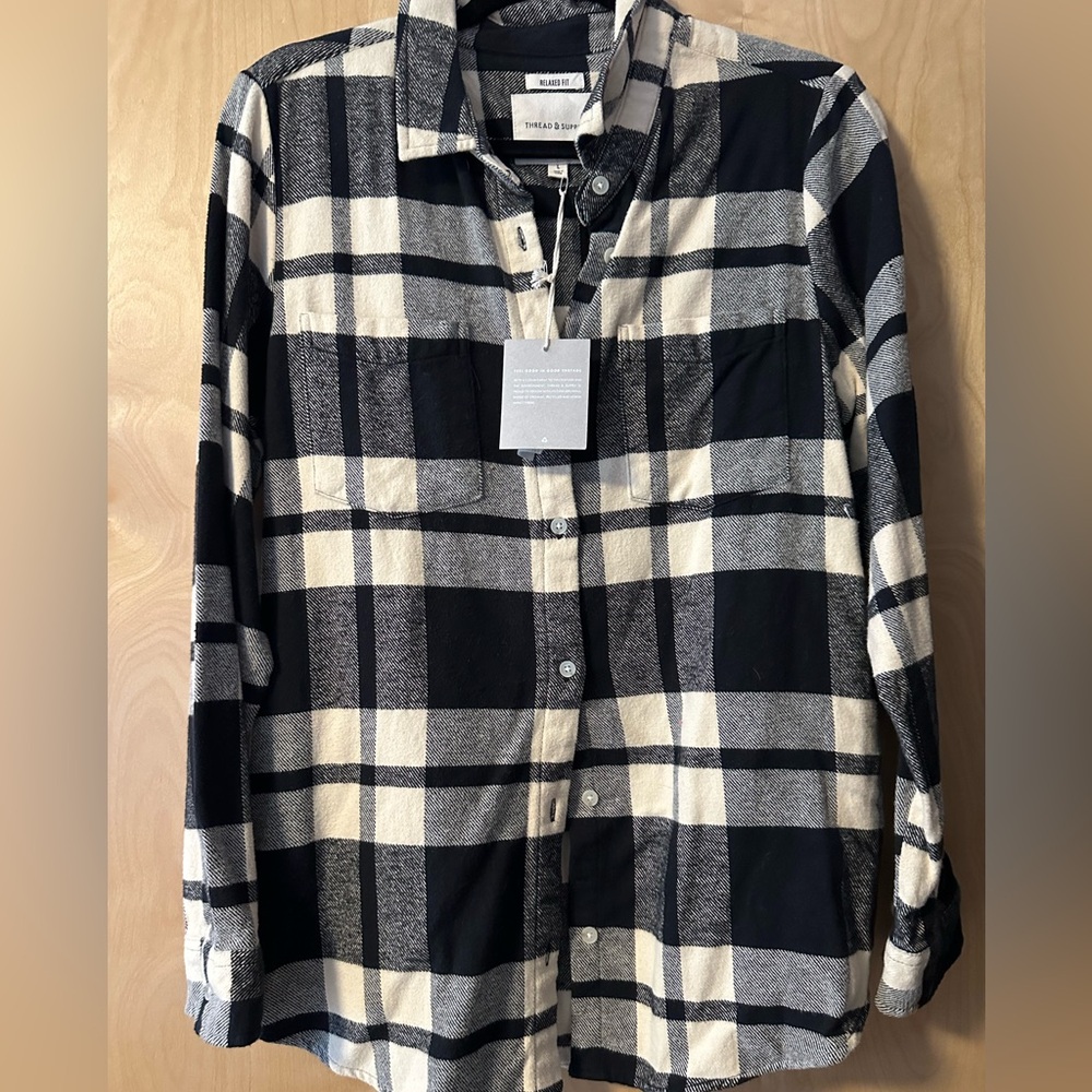 Thread & Supply Black and Cream Plaid Button Down Shirt